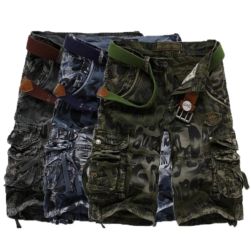 Shorts cargo soltos camuflados de alta qualidade para homens, moda verão, shorts camuflados, calças cargo com vários bolsos para homens